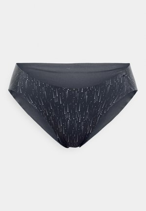 Parte inferiore di bikini nera con una texture liscia, caratterizzata da un motivo di punti argento disposti in linee verticali. Design della vita morbido.