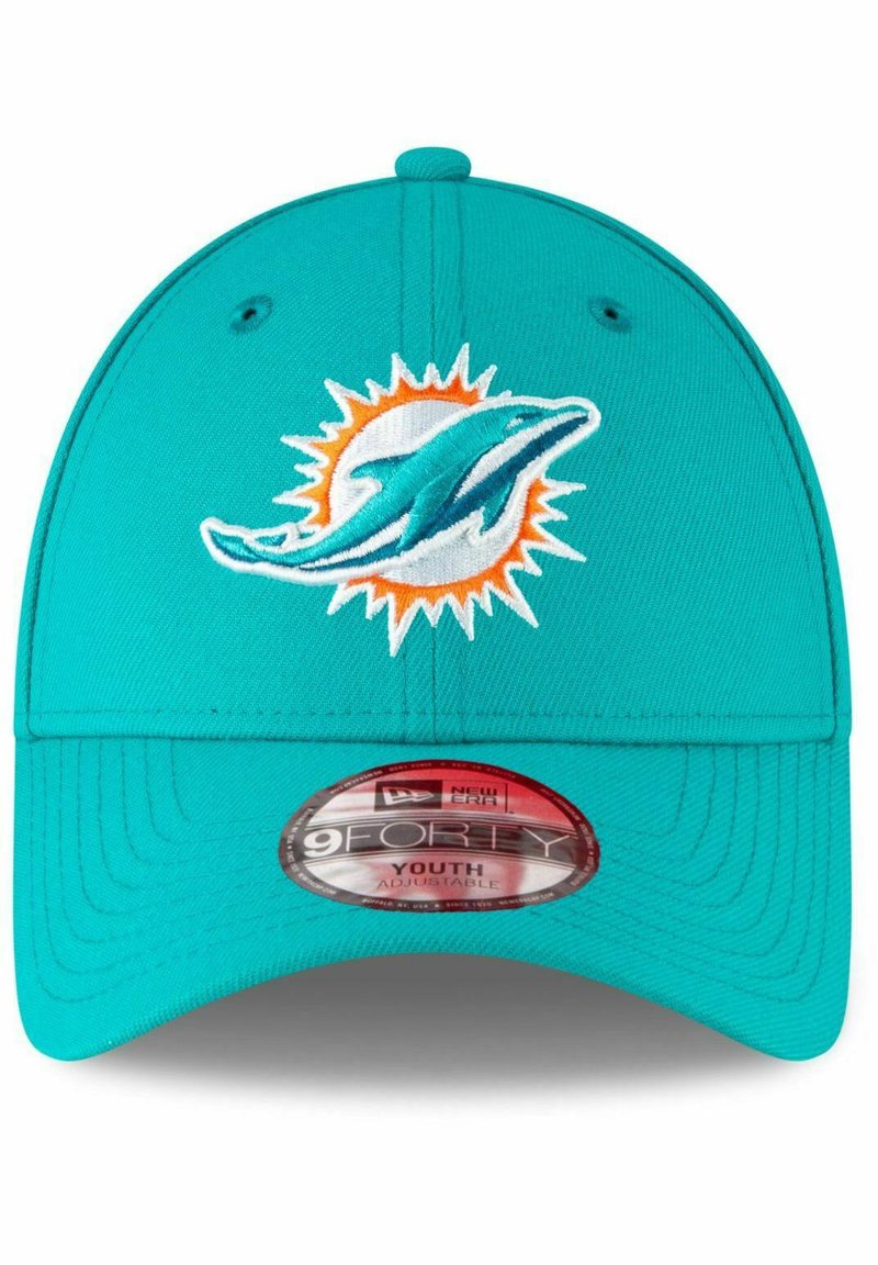 Casquette de baseball turquoise avec un logo de dauphin brodé entouré d'un éclat de soleil orange. Ajustement réglable avec une visière incurvée et un tissu texturé.