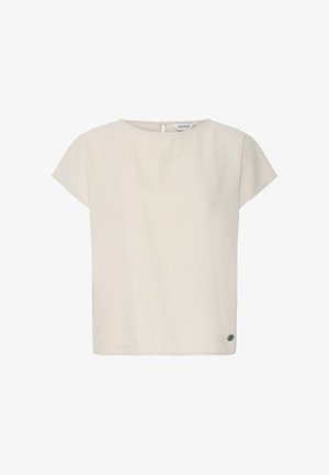 Beež lühikeste varrukatega pluus ümmarguse kaelakaarega ja väikese sildiga allääre lähedal valgel taustal.