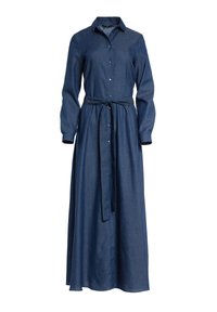 Sukienka koszulowa z długim rękawem z denimu, z guzikami z przodu i paskiem z materiału związanym w talii, długość do kostek.