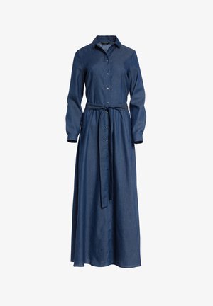 Sukienka koszulowa z długim rękawem z denimu, z guzikami z przodu i paskiem z materiału związanym w talii, długość do kostek.