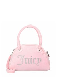 Rosa Handtasche aus weichem Material, mit doppelten Griffen und einem Strassakzent mit dem Wort "Juicy" in einer dekorativen Schriftart auf der Vorderseite.