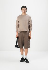 Brun genser med frontlogo, beige cargo shorts, svarte sneakers med hvite striper, og hvite ankelsokker. Modell som holder en liten veske.