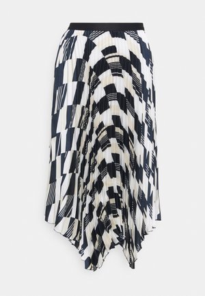 Jupe plissée noire et blanche avec motif géométrique en damier et rayures, ourlet asymétrique et taille noire.