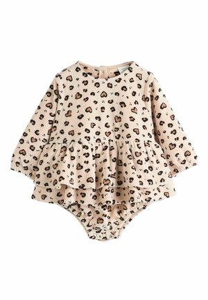 Long-sleeve bodysuit in soft beige fabric with black and brown leopard print, featuring a layered ruffled peplum skirt and snap closure.