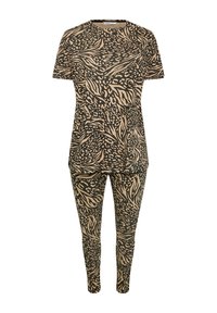 Tvådelad outfit bestående av kortärmad topp och leggings. Tillverkad av mjukt tyg med ett beige och svart abstrakt mönster genomgående.