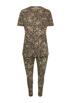 Conjunto de dos piezas que incluye una blusa de manga corta y leggins. Hecho de una tela suave con un patrón abstracto en tonos beige y negro.