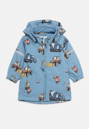 Jachetă pentru copii, albastru deschis, cu vehicule de construcții, urși în veste de siguranță, conuri de trafic și închidere frontală cu fermoar.