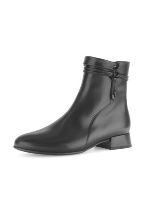 Black leather ankle boot with a rounded toe, low block heel, and a decorative tie at the top. Smooth texture and minimalist design.