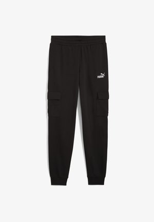 Pantaloni sportivi neri con cintura elastica, due tasche cargo sui lati e un logo Puma bianco sulla coscia. Tessuto dalla superficie liscia.