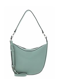 Sac à bandoulière en cuir vert clair avec une forme courbée, fermeture éclair et bandoulière amovible. Présente un passepoil noir contrastant et une texture lisse.