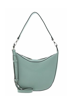 Sac à bandoulière en cuir vert clair avec une forme courbée, fermeture éclair et bandoulière amovible. Présente un passepoil noir contrastant et une texture lisse.