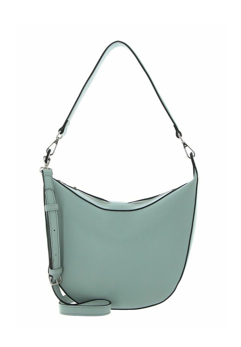 Sac à bandoulière en cuir vert clair avec une forme courbée, fermeture éclair et bandoulière amovible. Présente un passepoil noir contrastant et une texture lisse.