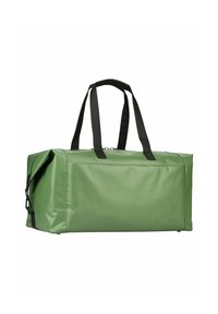 Sac de sport imperméable vert avec des poignées noires et une bandoulière détachable, présentant une forme rectangulaire et une texture lisse et brillante.