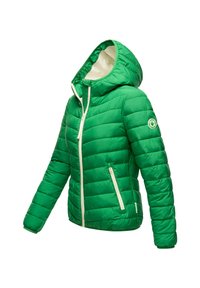 Green padded jacket with a zip front, white accents, a hood, and a logo patch on the sleeve; smooth texture and warm design.