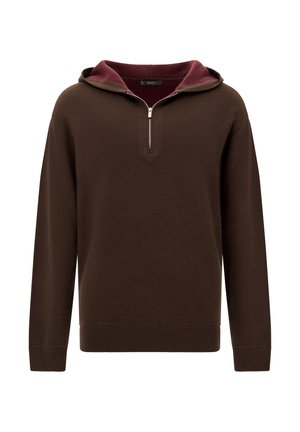 Sudadera de color marrón con capucha color burdeos, cierre de media cremallera, mangas largas y puños y dobladillo acanalados. Tejido suave y texturizado.