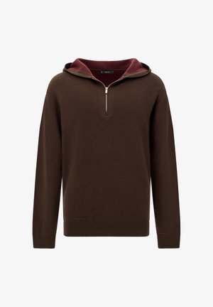 Hnědý svetr s kapucí v barvě vína, poloviční zip, dlouhé rukávy a žebrované manžety a lem. Měkký, strukturovaný materiál.