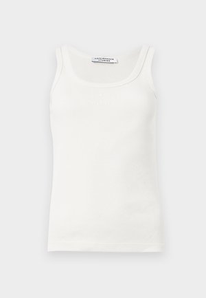 Biały, prążkowany, bezrękawnik z dekoltem typu scoop i metką Copenhagen Studios wewnątrz kołnierza.