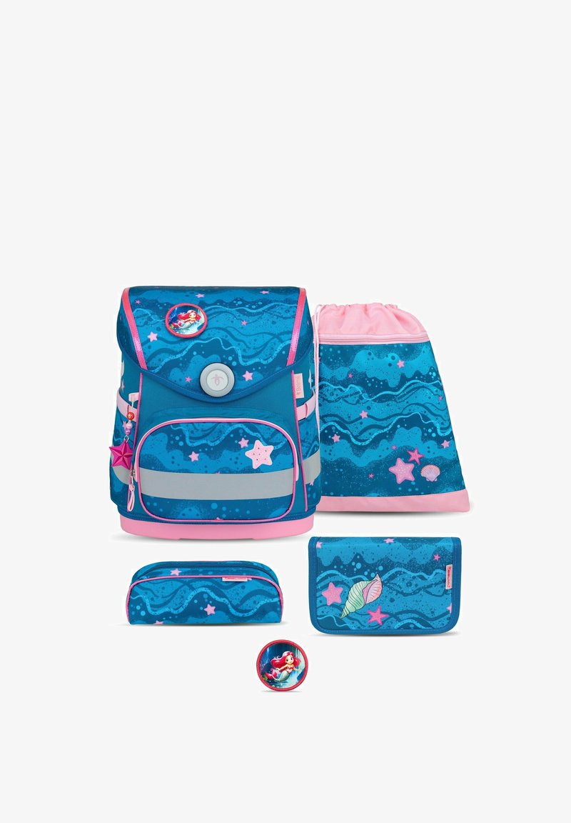 Backpack set with a blue ocean wave pattern, pink accents, and starfish details. Includes a backpack, pouch, drawstring bag, and coin purse.