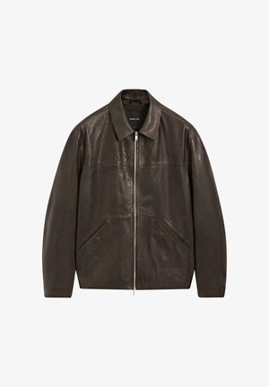 Veste en cuir marron foncé avec fermeture éclair sur le devant, manches longues, col pointu et deux poches fendues sur les côtés.