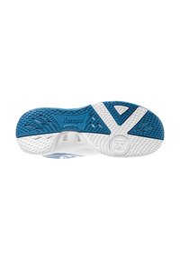 Suela de zapato con un diseño en azul y blanco, patrón texturizado para agarre y un detalle distintivo de marca. Material de goma que no deja marcas.