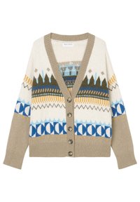 Cardigan à boutons avec une base beige, présentant des motifs géométriques et en zigzag bleus, blancs, jaunes et verts sur la poitrine et les manches.