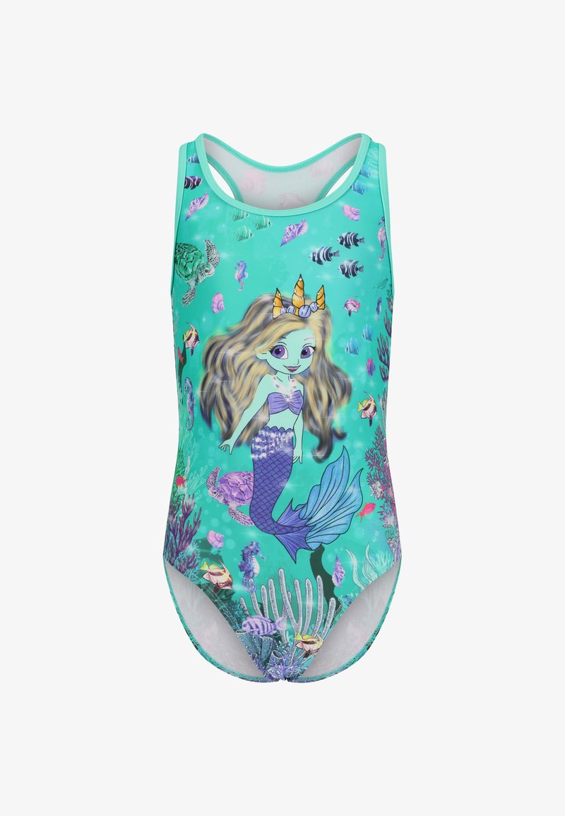 Un maillot de bain une pièce turquoise arborant un design de sirène, une vie marine colorée et une texture lisse ; idéal pour le bain.
