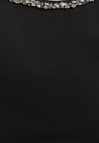 Black fabric with a smooth texture features a beaded neckline adorned with clear, faceted stones of various shapes arranged in a line.