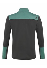 Fleecejacke mit hohem Kragen, in Schwarz mit grünen Akzenten an Schultern und Ärmeln. Weicher Stoff, minimale Markenkennzeichnung auf dem Rücken.