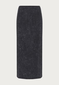 Black, knee-length pencil skirt made of textured fabric. Features a smooth waistband and a fitted silhouette with subtle sheen.