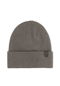 Szara dzianinowa czapka z prążkowanym mankietem, wykonana z miękkiego materiału. Posiada małą metkę z logo z boku.