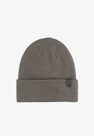 Gray knitted beanie hat with a ribbed cuff, made from soft material. Features a small branded tag on the side.