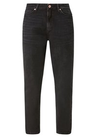 Czarne dżinsy z denimu o prostym kroju, z suwakiem z przodu, zapięciem na guzik i pięcioma kieszeniami. Gładka faktura i minimalne przetarcia.