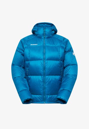 Blaues Daunenjacke mit Kapuze, aus glänzendem Nylon, mit horizontalen Steppabschnitten, Frontreißverschluss und Markenlogo auf der Brust.
