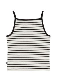 Gestreepte tanktop met zwart-witte horizontale strepen. Heeft dunne bandjes, een geribbelde textuur en een rechte zoom.