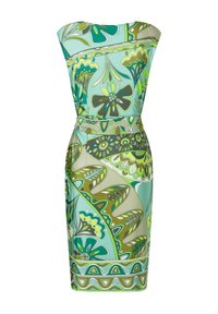 Robe ajustée avec un motif floral vibrant vert et bleu, décolleté en forme de bateau et manches courtes, fabriquée dans un tissu lisse et extensible.