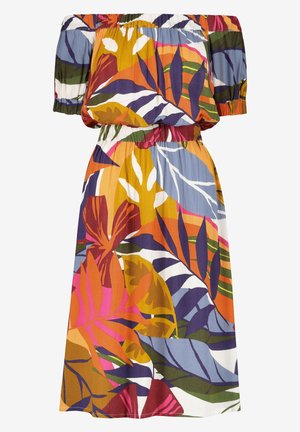 Vestido con hombros descubiertos, cintura elástica, mangas cortas y un patrón de hojas tropicales multicolor en naranja, púrpura, rosa, verde y blanco.