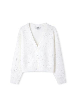 Bílý melírovaný pletený kardigan s dlouhými rukávy, V-výstřihem, žebrovanými manžetami a lemem, a pěti knoflíky potaženými látkou vpředu.