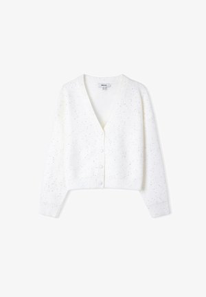 Biały sweter dziany w kropki, z długimi rękawami, dekoltem w serek, prążkowanymi mankietami i dołem, oraz pięcioma guzikami pokrytymi tkaniną z przodu.