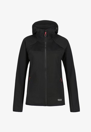 Czarna kurtka softshell z zamkiem z przodu, regulowanym kapturem, dwoma bocznymi kieszeniami z czerwonymi akcentami oraz teksturowanymi panelami materiałowymi.