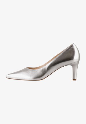 Srebrne metaliczne szpilki ze skóry o szpiczastym nosku, niskim obcasie typu kitten heel i gładkim wykończeniu, pokazane z boku na białym tle.