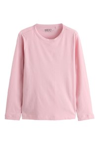 T-shirt à manches longues rose clair avec col rond, design simple, tissu doux, style décontracté, présenté à plat sur fond blanc.