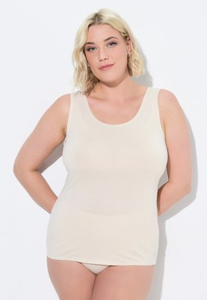 Débardeur beige avec un décolleté arrondi et sans manches. Fabriqué à partir d'un tissu lisse et léger, avec une légère élasticité pour le confort.
