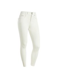 Jeans aderenti, colore bianco, realizzati in materiale elastico. Presentano tasche frontali, elementi in metallo e dettagli di cucitura discreti sui fianchi.