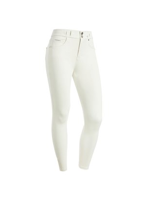 Jean skinny, couleur blanche, fabriqué à partir de matériau extensible. Comprend des poches avant, des pièces métalliques et des détails de couture subtils sur les hanches.