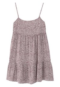 Robe à motif floral avec bretelles spaghetti. Comprend un corsage ajusté et un ourlet à volants échelonnés. Couleurs : bordeaux et blanc. Matière en coton.