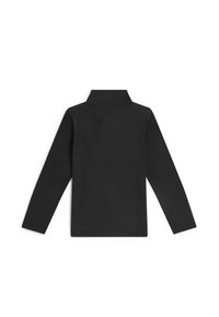 Sort langærmet pullover med krave, lavet af blødt stof. Har en glat tekstur og et enkelt, strømlinet design. Ingen mønstre eller udsmykninger.