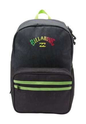 Czarny plecak z zielonymi akcentami na suwaku i uchwytem, z wielokolorowym logo "Billabong" i symbolem fali na przedniej kieszeni.