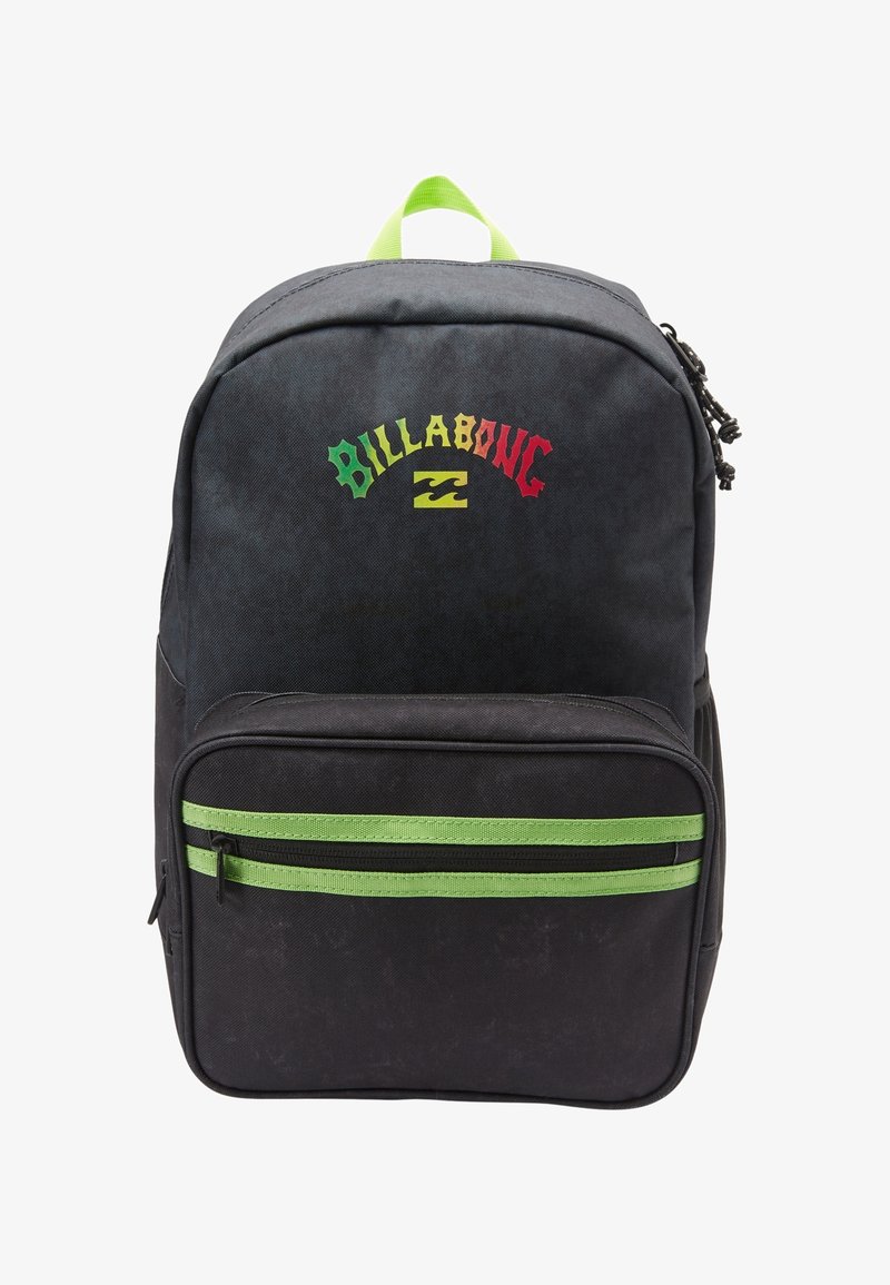 Sac à dos noir avec des accents de fermeture éclair verts et une poignée, avec le logo "Billabong" multicolore et un symbole de vague sur la poche avant.