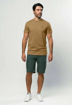 Pruun meeskonna kaelusega T-särk, mida on kombineeritud roheliste kargopükstega, millel on küljetaskud. Viimistletud valgete jooksujalatsitega. Lihtne ja juhuslik välimus.